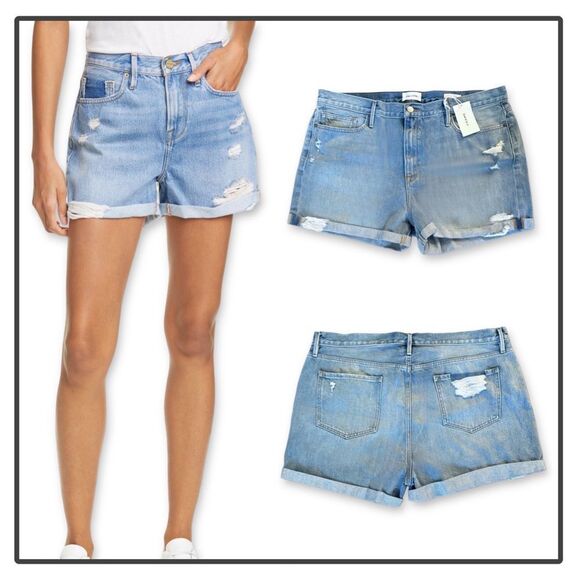 NWT Frame Denim Le Beau Distressed Cuffed Hem Jean Shorts in Elsey Rips - Picture 14 of 16